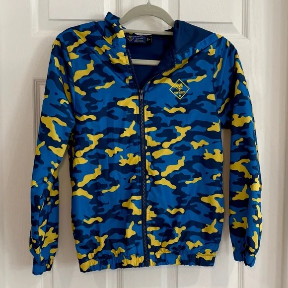 Cub Scout BSA Scouting Blue Gold Camo Hooded Windbreaker Jacket Coat Youth Sz L - Picture 6 of 14
